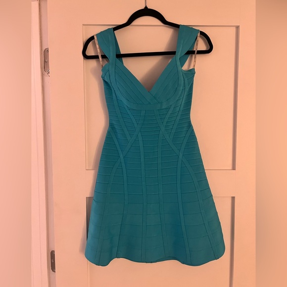 Herve Leger Sleeveless Flounce Hem Tank Dress in Caribbean Blue, Size Small - Picture 2 of 7